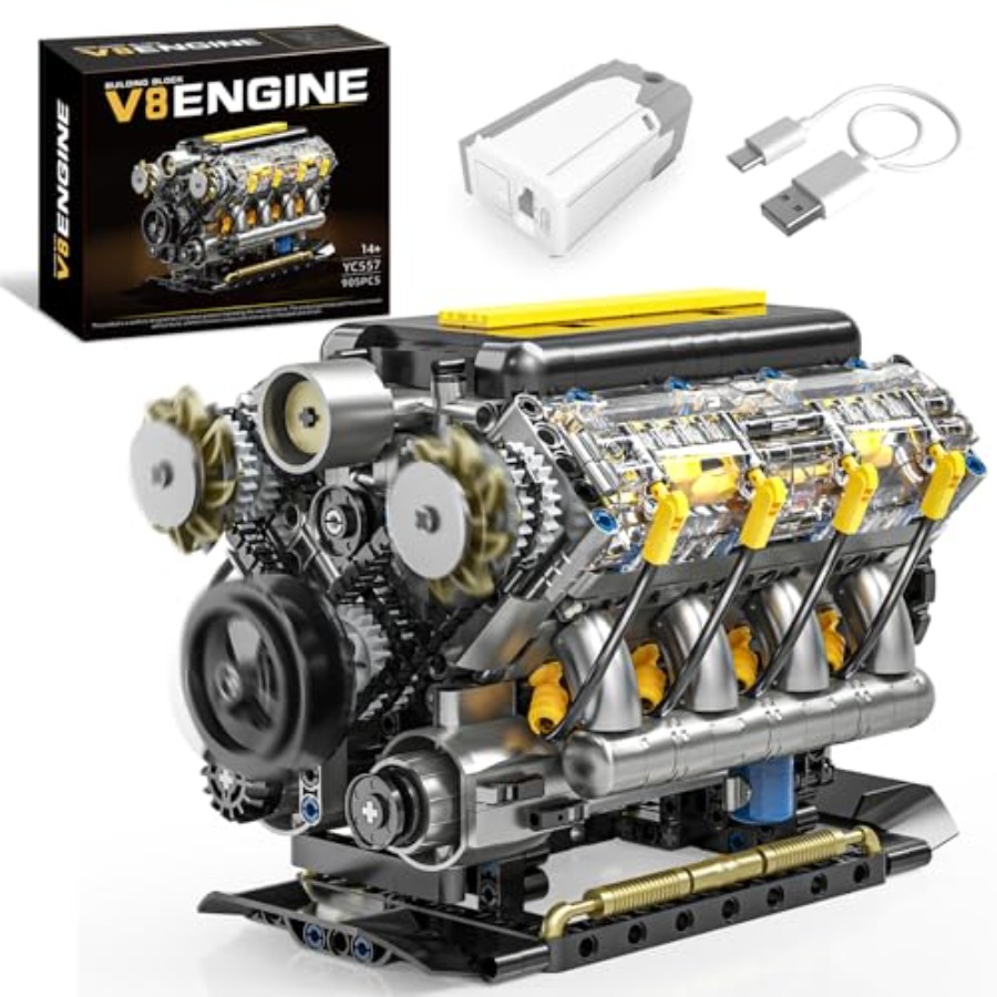 Model Kit V8 Engine - 走行可能なV8エンジンモデルキット、大人向けの可視化ミニカーモータービルディングブロックセット、STEM物理科学教育と互換性あり